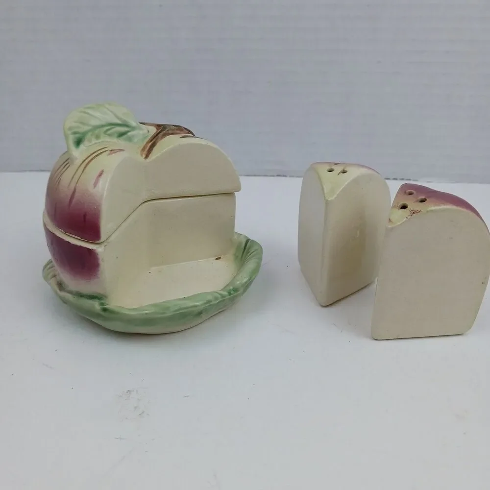 Shafford Ware Ceramic Pottery Apple Salt Pepper & Condiment set 1950's vtg